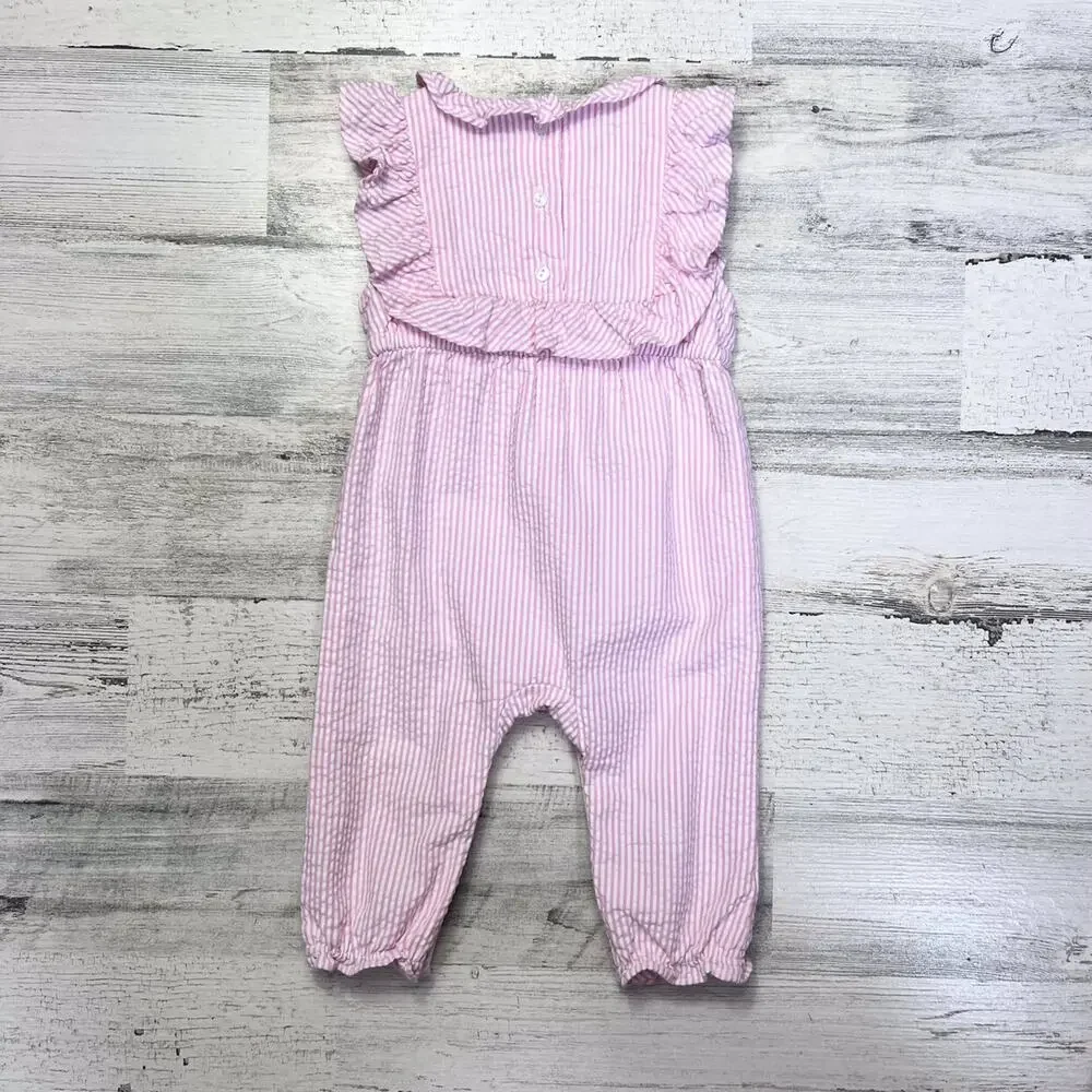 🦄 3/$36 Janie and Jack Seersucker Jumpsuit Girls 3–6M Pink Stripe Ruffle Cotton
